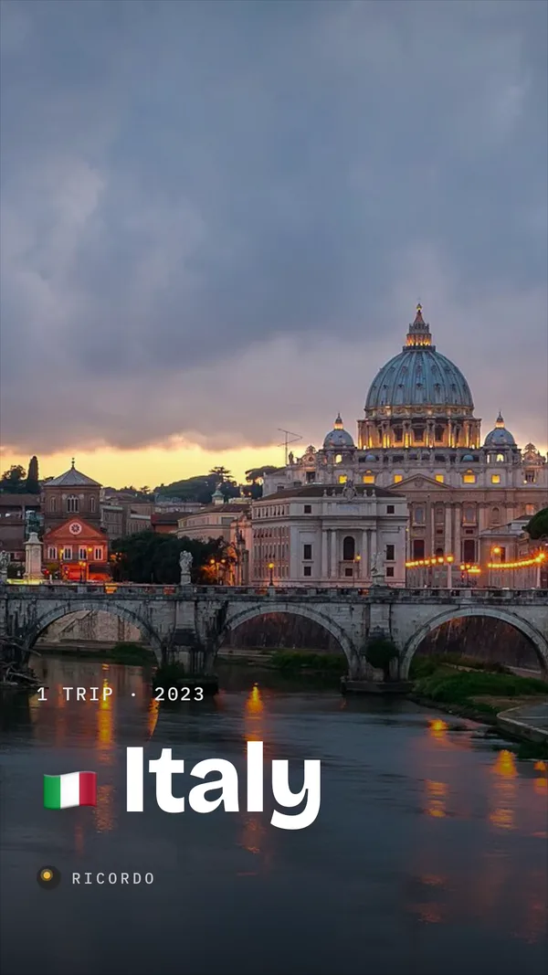 The film’s cover: St Peter’s across the Tiber at dusk, with Italy, 1 trip, 2023.