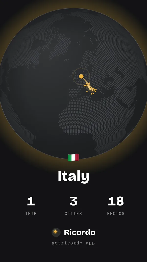 The film’s end card: Italy on the globe with the route from home, 1 trip, 3 cities, 18 photos, and Ricordo, getricordo.app.