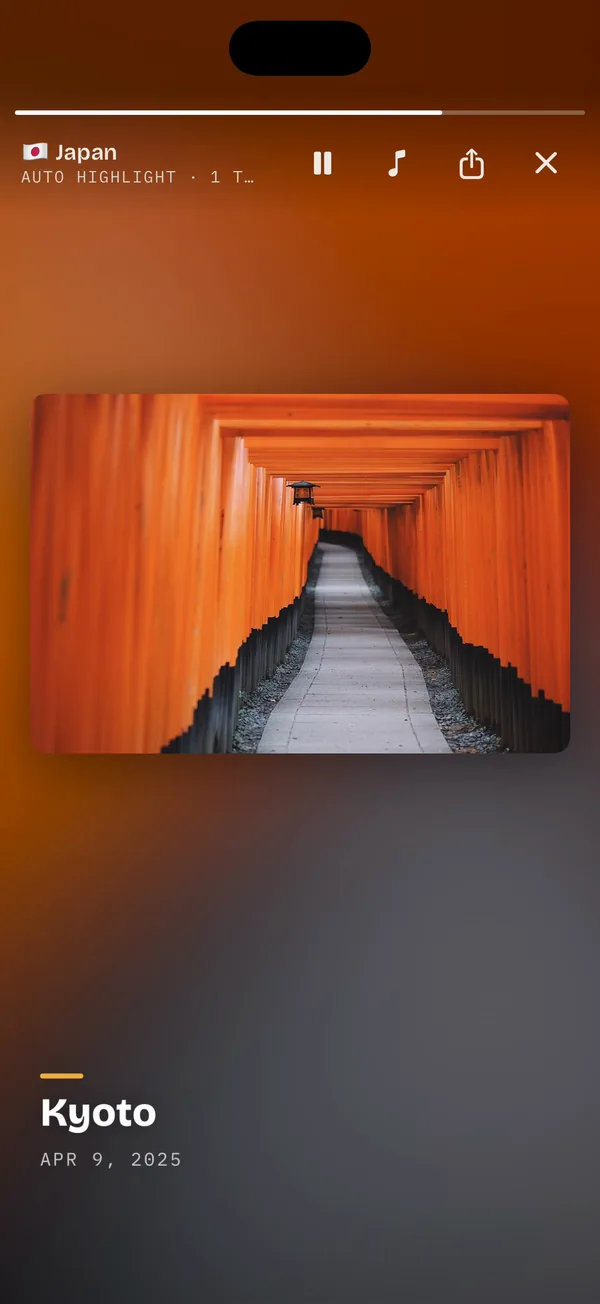 A film playing in Ricordo: the torii gates in Kyoto, whole, with pause, music and share buttons at the top.