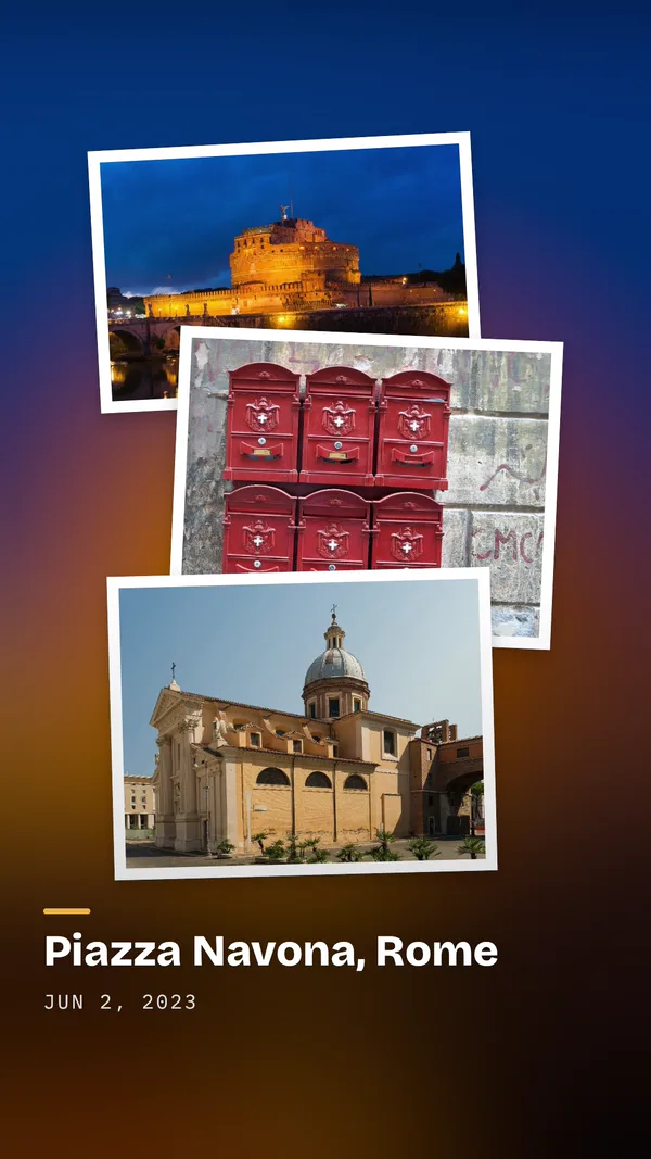 Three prints with white borders over a blurred dusk: Castel Sant’Angelo lit at night, red post boxes and a church, Piazza Navona, Rome, 2 June 2023.