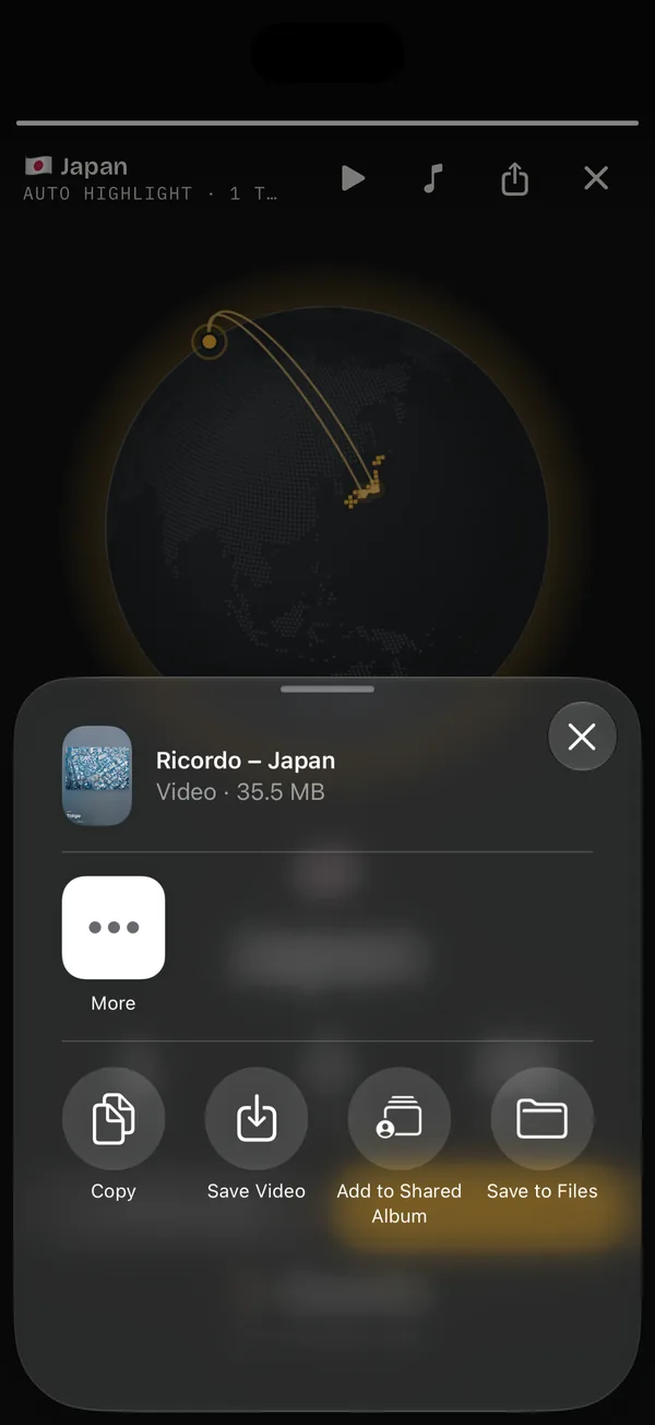 The share sheet in Ricordo with the film ready: Ricordo – Japan, video, 35.5 MB, with Copy, Save Video, Add to Shared Album and Save to Files.