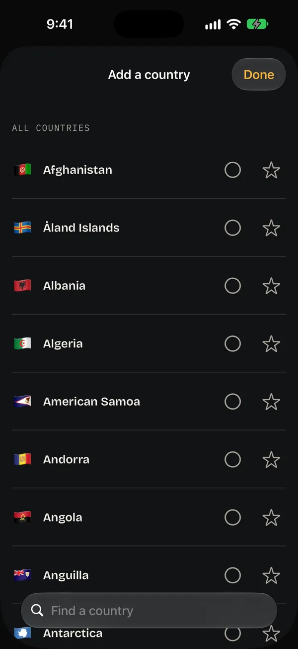 Add a country in Ricordo: every country with a circle for been there and a star for want to go, and a search field.
