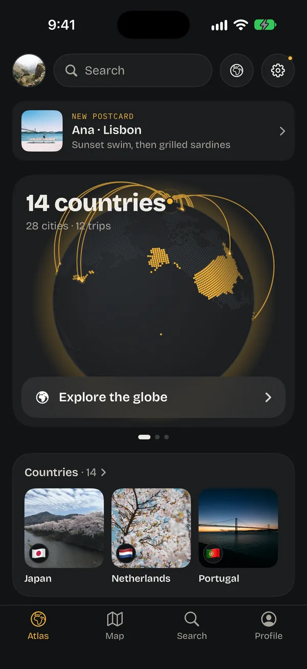 The Atlas in Ricordo: 14 countries, 28 cities and 12 trips on a lit globe, Explore the globe, and the countries Japan, the Netherlands and Portugal.