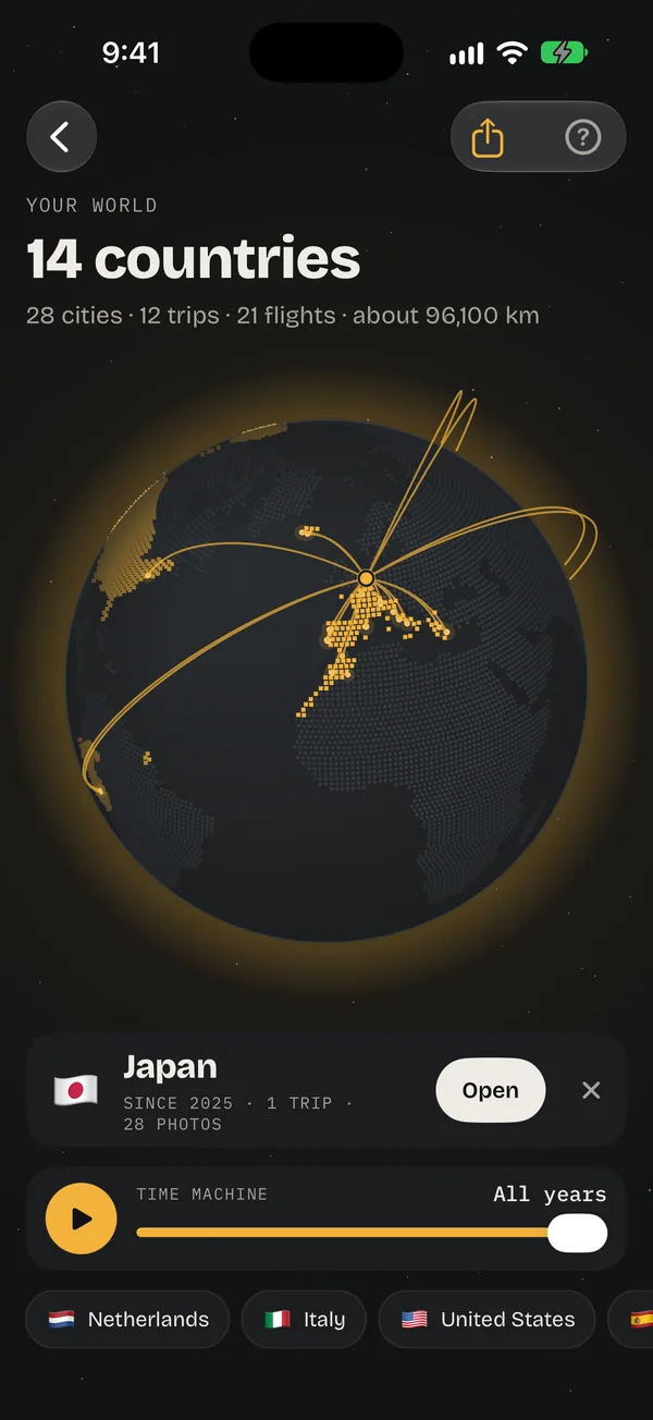 Japan selected on the globe, with arcs to every trip: since 2025, 1 trip, 28 photos, and an Open button.