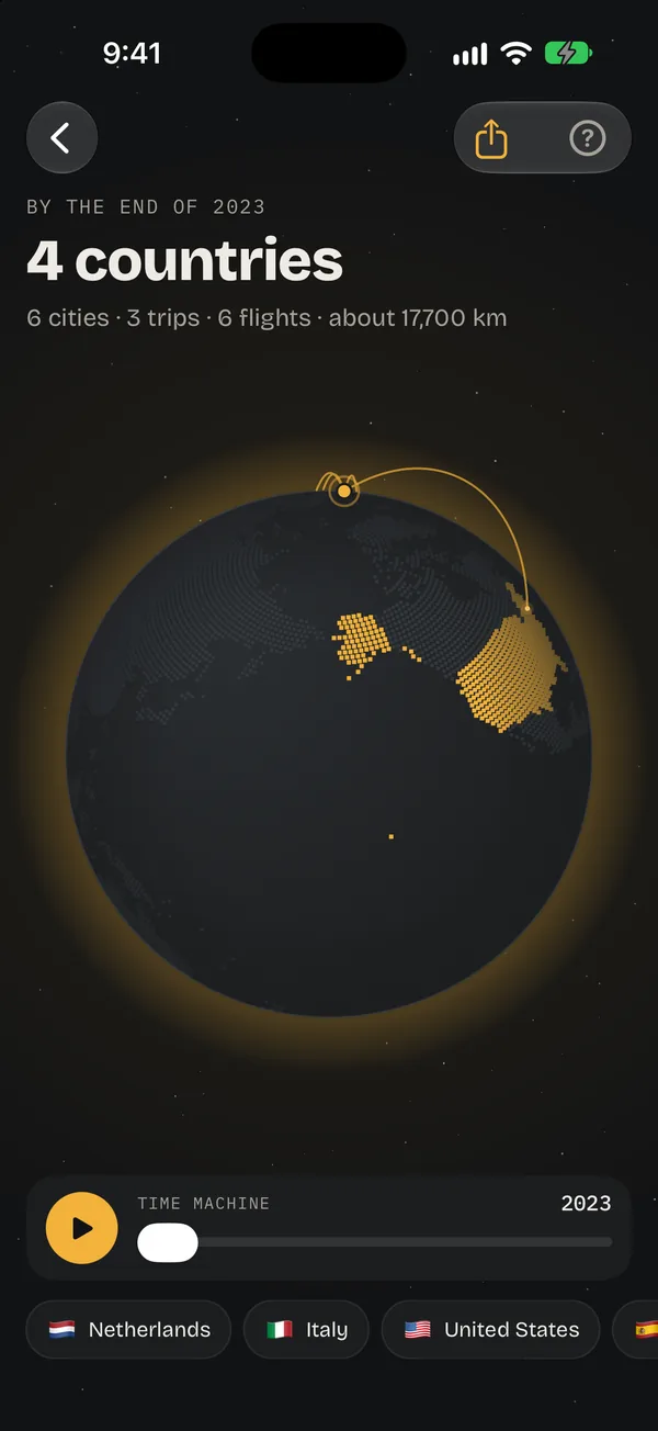 By the end of 2023: 4 countries, 6 cities, 3 trips, 6 flights, about 17,700 km.