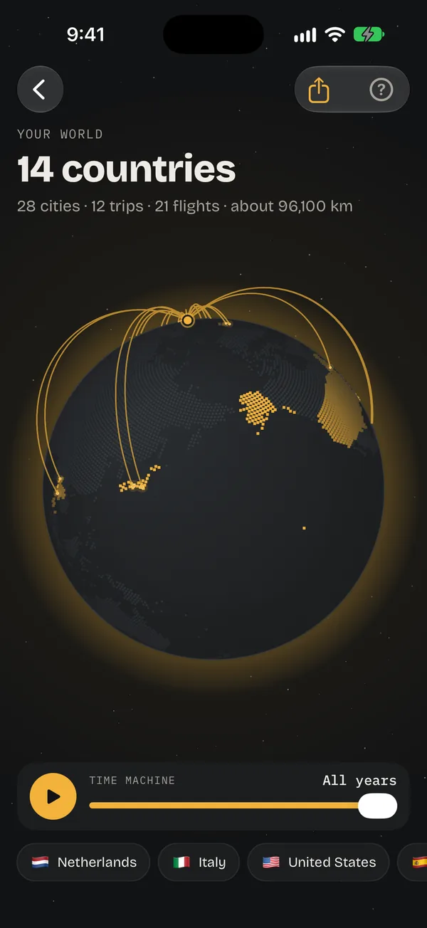 Your world in Ricordo: 14 countries, 28 cities, 12 trips, 21 flights and about 96,100 km, on a globe with an arc from Amsterdam to every trip.