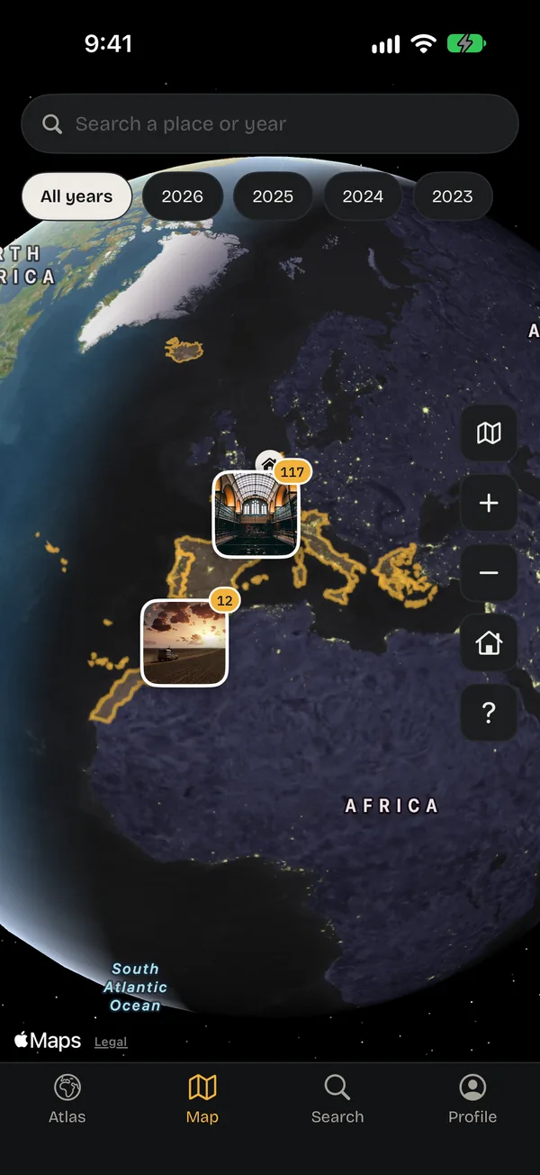 The Map tab in Ricordo: Europe on a satellite globe, with the best photos of places, 117 in one and 12 in another, and the years 2023 to 2026 to pick from.