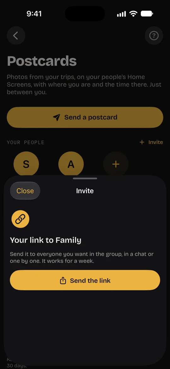 Ricordo showing the link to the Family group and a button to send it.