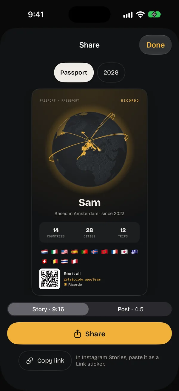 The Passport card: a globe with flight paths, Sam based in Amsterdam since 2023, 14 countries, 28 cities, 12 trips and 14 flags.