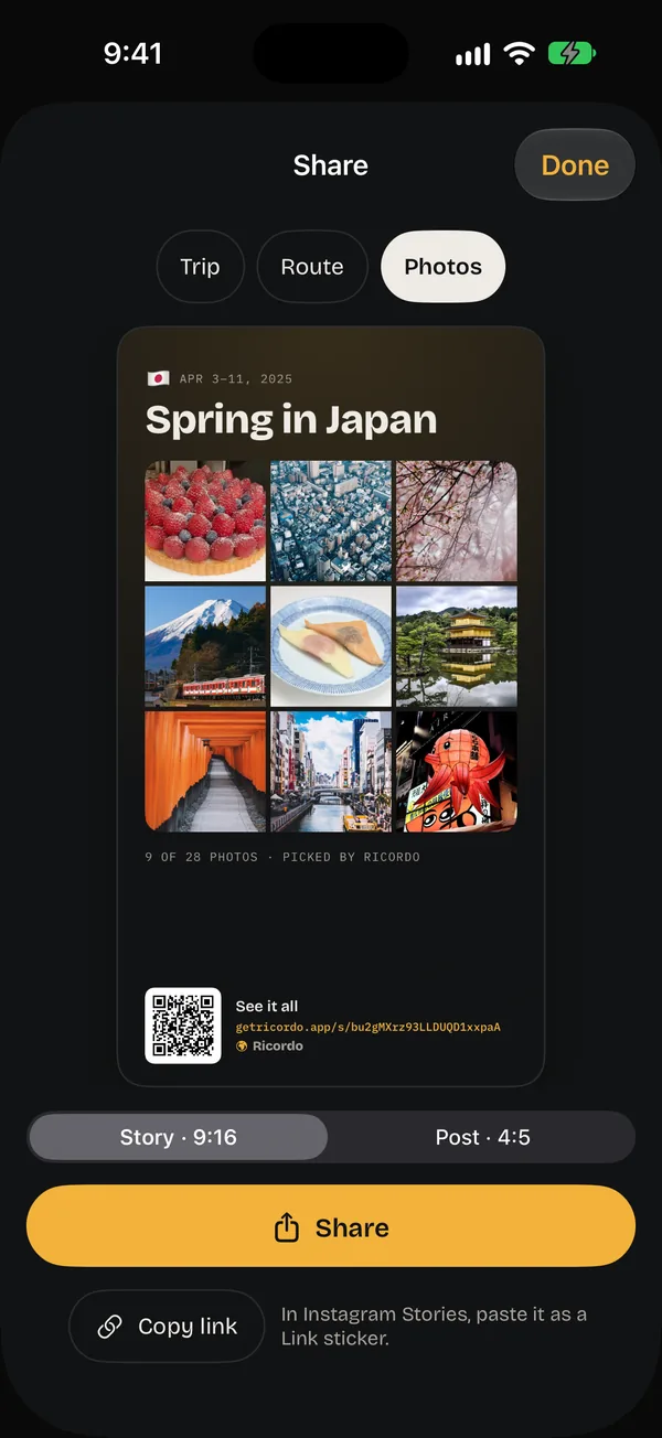 The Photos card: nine photos from Japan in a grid, with a QR code to the trip.