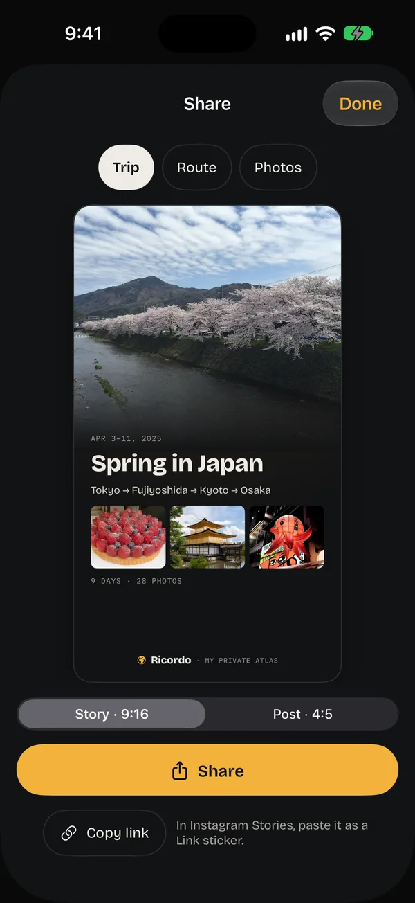 The Trip card for Spring in Japan: cherry blossoms over a river, the dates and the route from Tokyo to Osaka.
