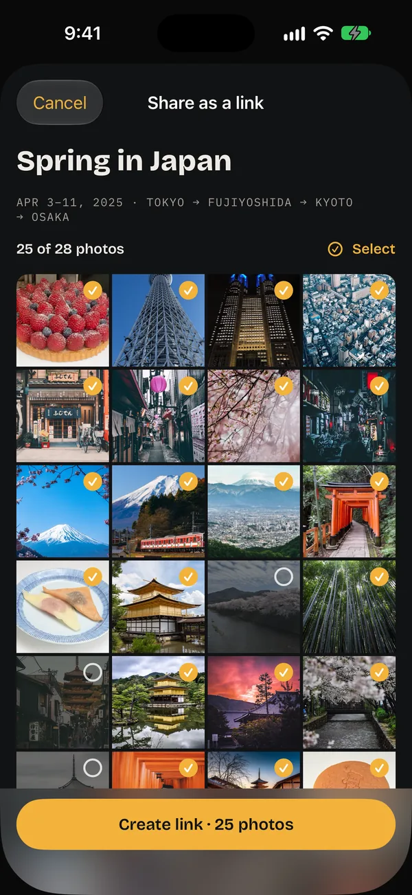 Share as a link for Spring in Japan, April 3 to 11, 2025: 25 of 28 photos picked, and a Create link button.