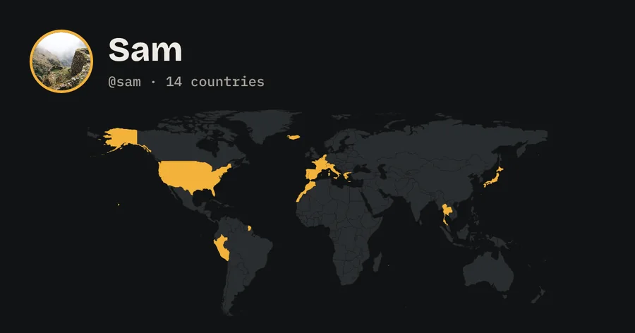 The preview of Sam’s public page: the portrait, @sam, 14 countries, and the countries on a world map.