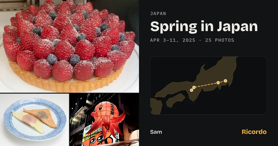 The preview of a shared trip: photos from Japan, Spring in Japan, April 3 to 11, 2025, 25 photos, and the route on a map.