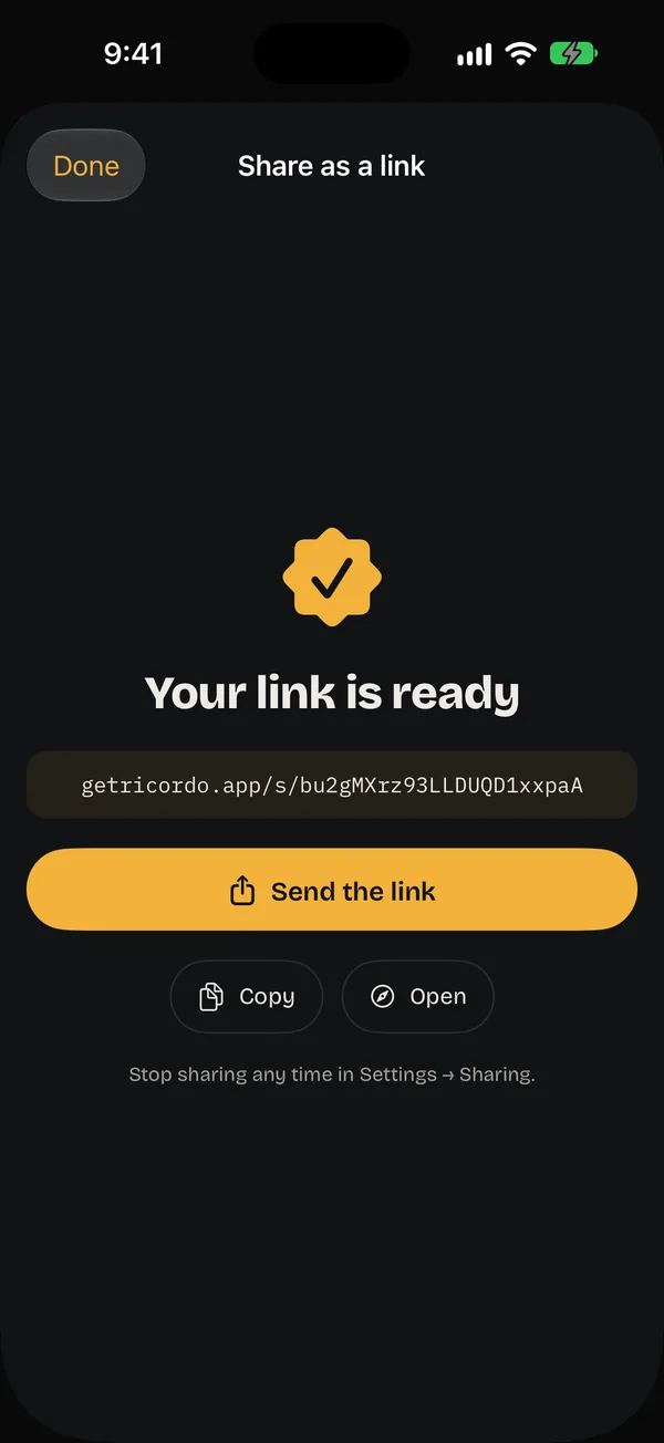 Your link is ready, with a getricordo.app address, a Send the link button, Copy and Open.