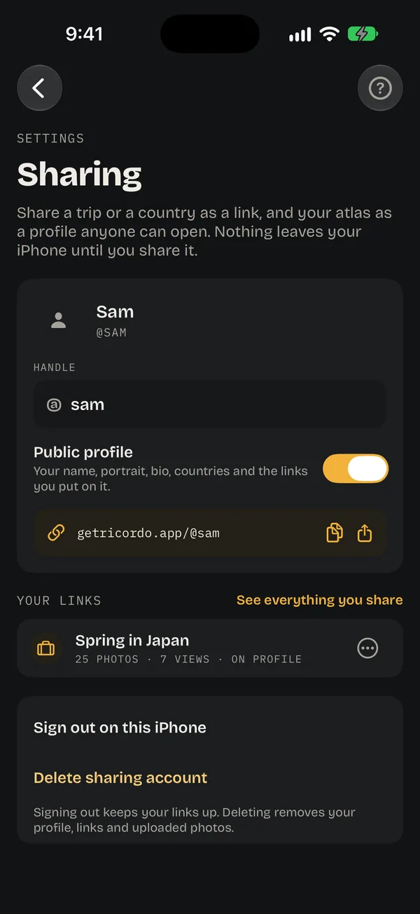 Settings → Sharing in Ricordo: the handle sam, Public profile on, the address getricordo.app/@sam, and the Spring in Japan link on the profile.