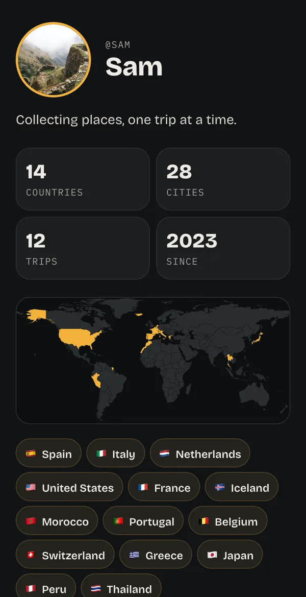 Sam’s public page, getricordo.app/@sam: 14 countries, 28 cities and 12 trips since 2023, the countries lit on a world map, and their flags.