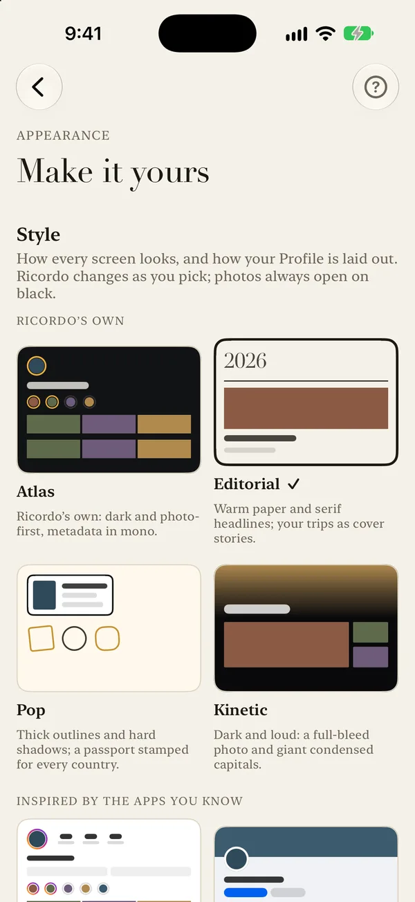 Settings → Appearance in Editorial: “Make it yours”, with sketches of Atlas, Editorial, Pop and Kinetic.