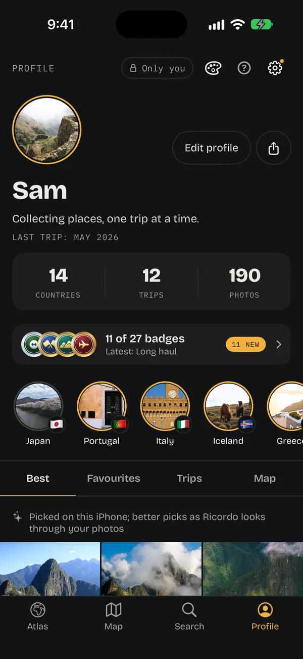 Sam’s Profile in Atlas: dark, with 14 countries, 12 trips and 190 photos in a strip and highlights for Japan, Portugal, Italy and Iceland.