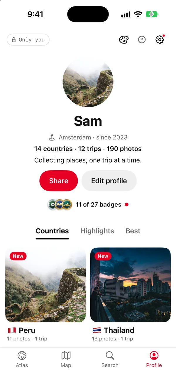 Sam’s Profile in Board: a centred portrait, a red Share button, and boards for Peru and Thailand.