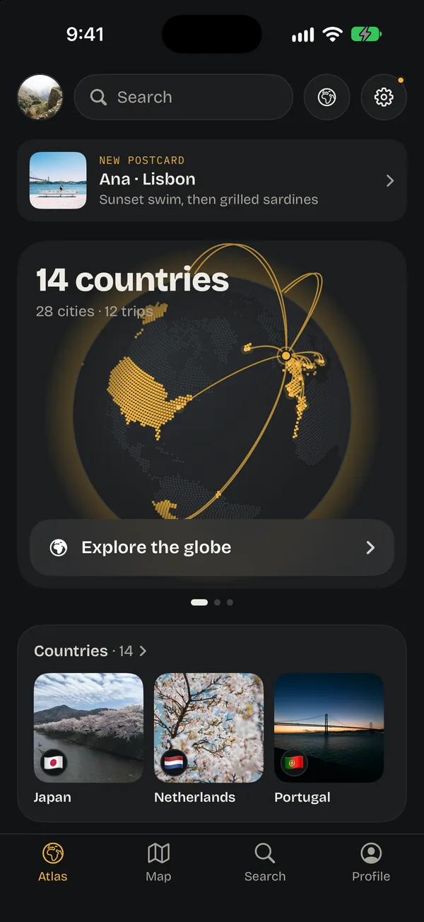 The Atlas tab in the Atlas style, in amber: a dotted globe with the countries Sam has been to lit up.