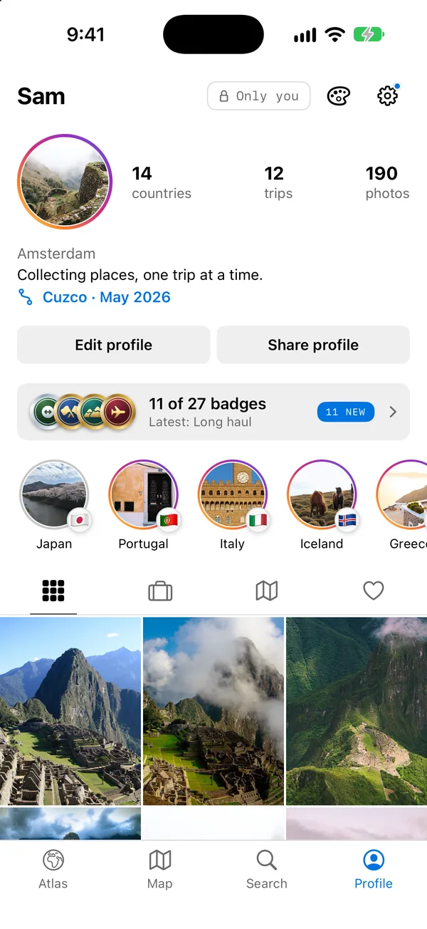 Sam’s Profile in Grid: a ringed portrait beside 14 countries, 12 trips and 190 photos, highlight rings, and a grid of Machu Picchu photos.