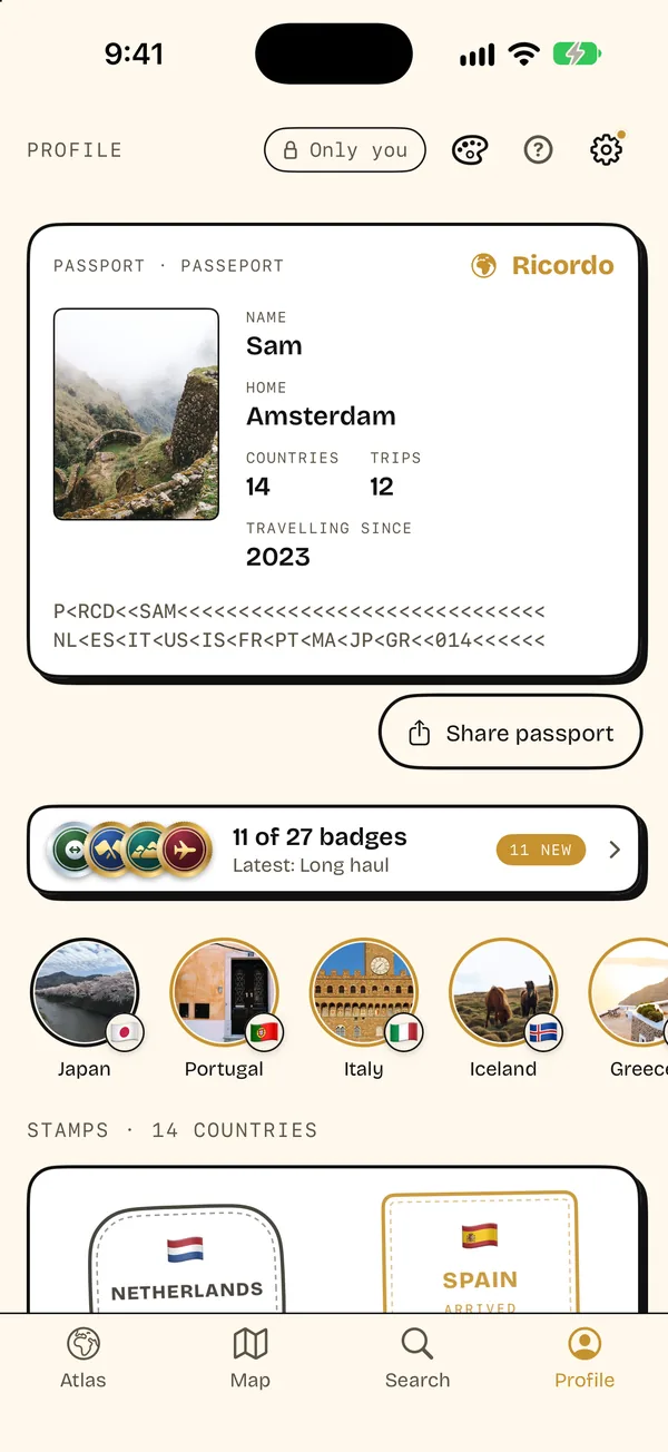 Sam’s Profile in Pop: a passport page with thick black outlines, and stamps for the Netherlands and Spain.