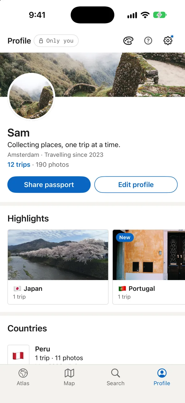 Sam’s Profile in Résumé: a banner, Share passport and Edit profile buttons, featured highlights, and Peru listed under Countries.