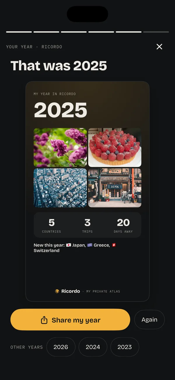 That was 2025: a card with four photos, 5 countries, 3 trips and 20 days away, Share my year, and other years 2026, 2024 and 2023.