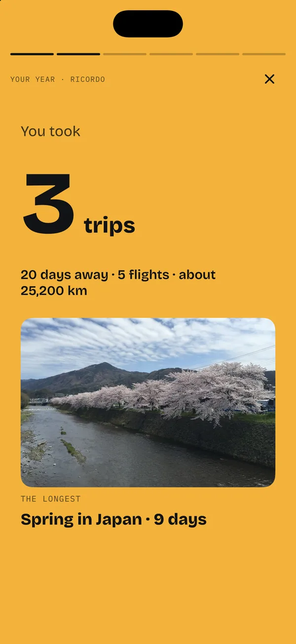 You took 3 trips: 20 days away, 5 flights, about 25,200 km. The longest: Spring in Japan, 9 days.