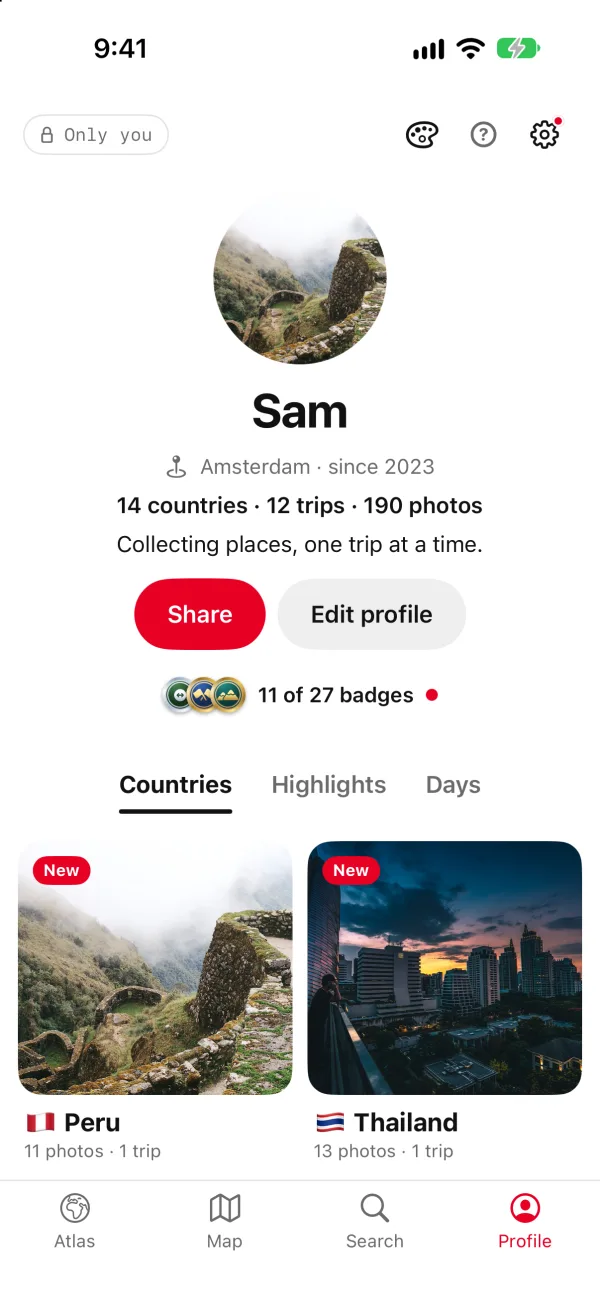 Sam’s Profile in Board: a centred portrait, and each country a board with its cover: Peru and Thailand.