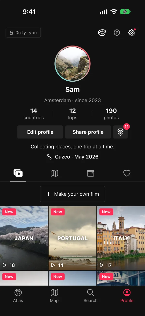 Sam’s Profile in Loop: the numbers centred under the portrait and every highlight a tall tile that plays: Japan, Portugal, Italy.