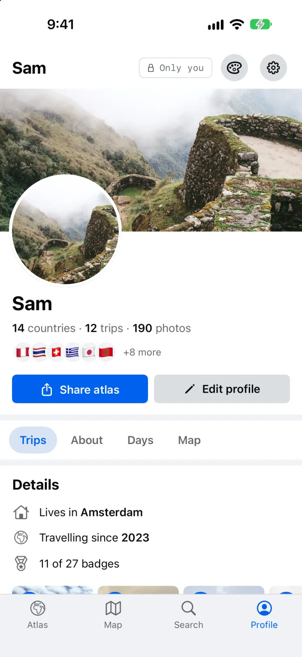 Sam’s Profile in Wall: a cover photo, a large portrait, flags in a row, and details: lives in Amsterdam, travelling since 2023.
